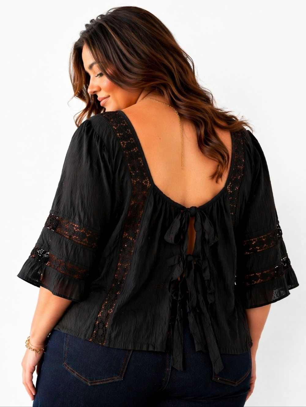 TORRID Black Square-Neck Peasant Top with Lace Inset